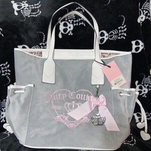 Juicy Couture Light Gray Suede Tote with Pink Bow Charm